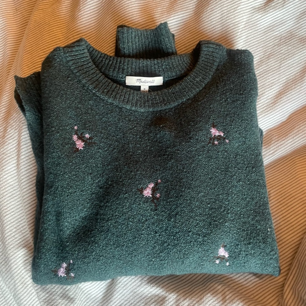 dark green madewell sweater with lavender flower embroidery